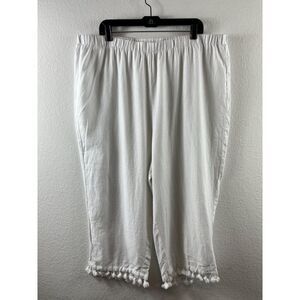 Cynthia Rowley White Linen Blend Tassel Hem Cropped Pull-On Pants Sz 2X Coastal